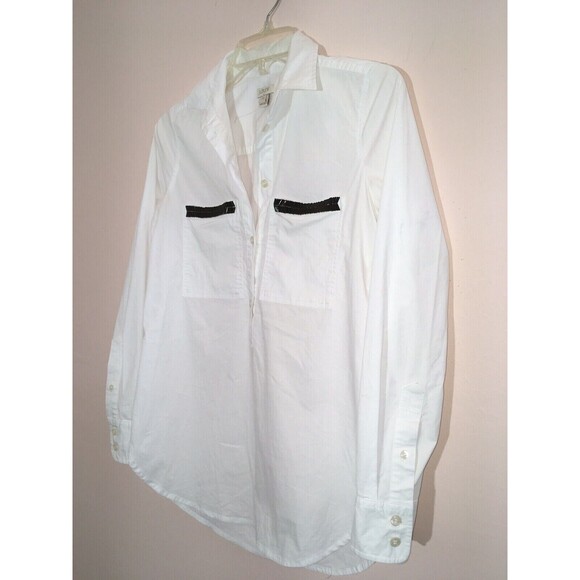 J CREW sz XXS 2XS 97% Cotton Stretch White Black Bead Pockets Classic Blouse - Picture 4 of 6